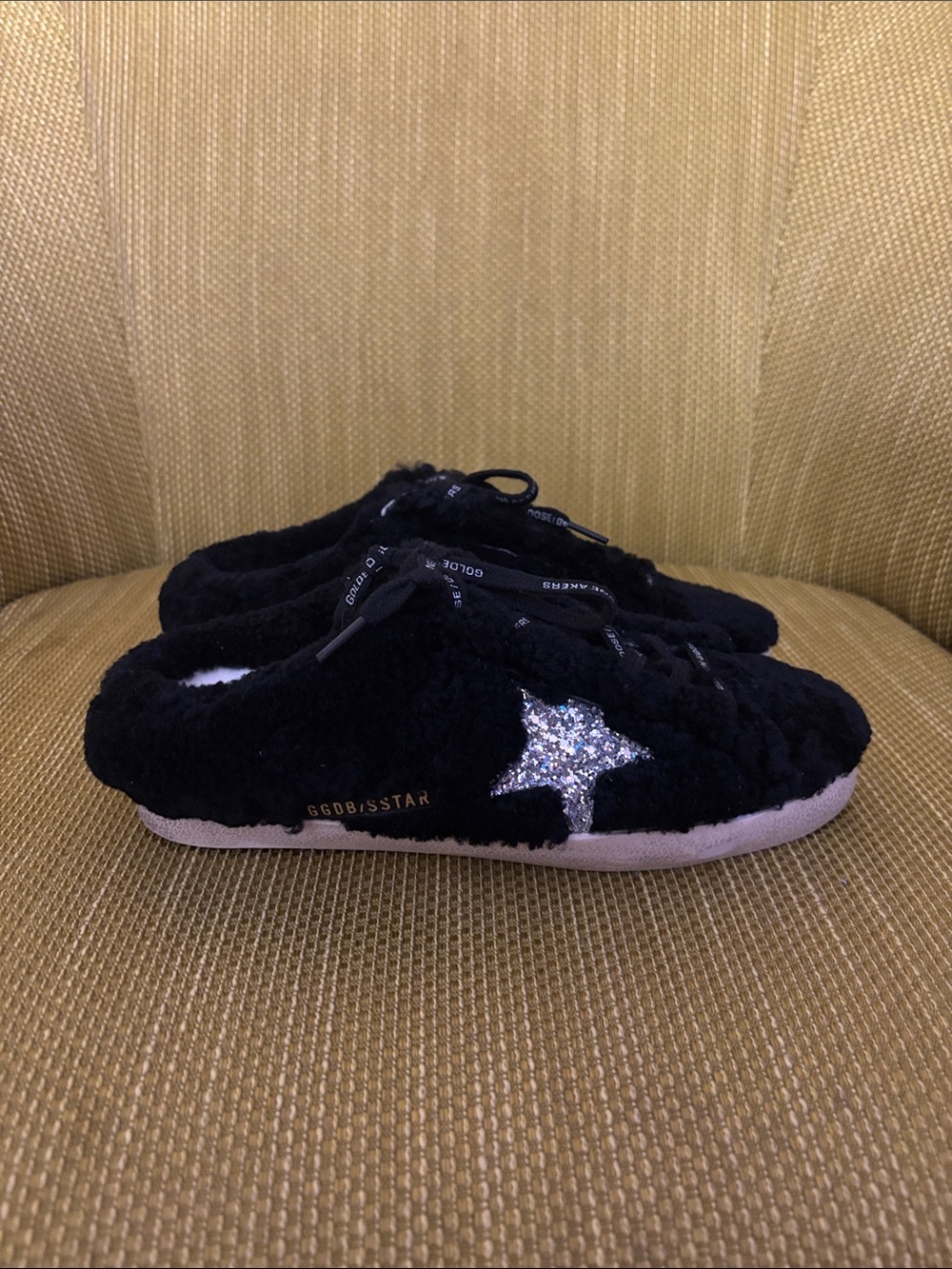 Golden Goose Black Fuzzy Star Slip-Ons with Silver Glitter Accent